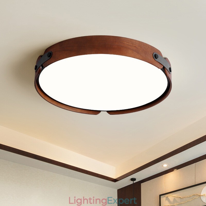 Nordic Round Simple Black Walnut Wood Flush Mounted Ceiling Light