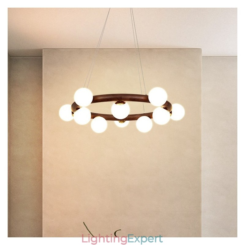 Nordic Ring Simple Black Walnut Wood Pendant Chandelier with Bean Shades