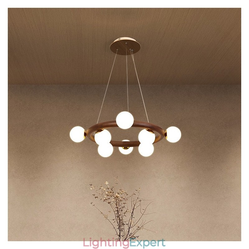 Nordic Ring Simple Black Walnut Wood Pendant Chandelier with Bean Shades