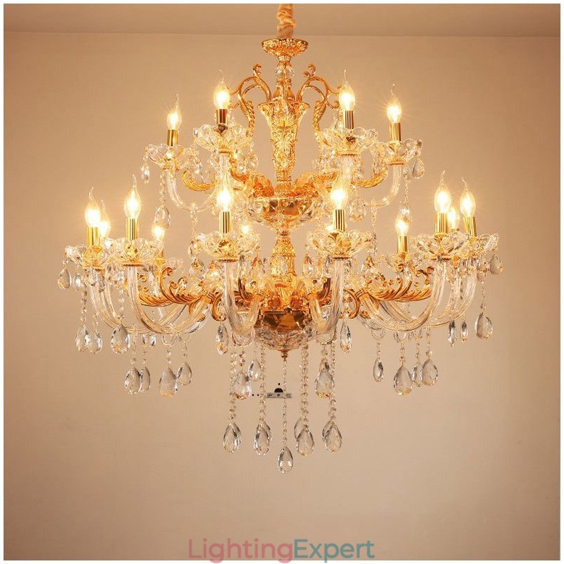 18 Light Two Tiers Luxury Gold Colour Crystal Candle Chandelier