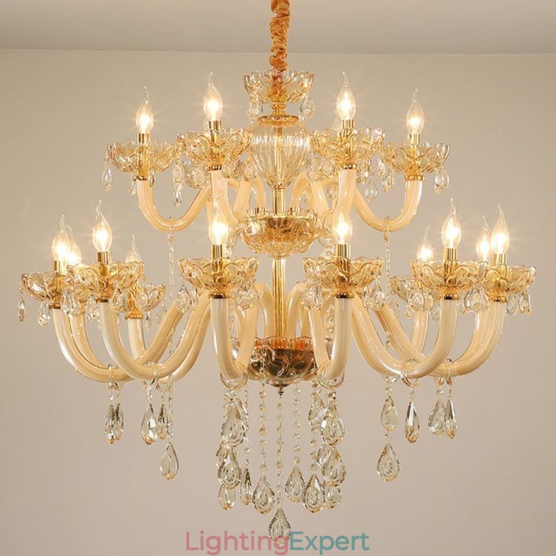 Elegant Crystal Chandelier European Cognac Color Ceiling Light Glass Body Double Layer 12+6 Lights