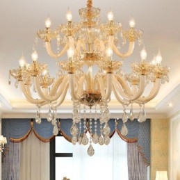 Elegant Crystal Chandelier European Cognac Color Ceiling Light Glass Body Double Layer 12+6 Lights