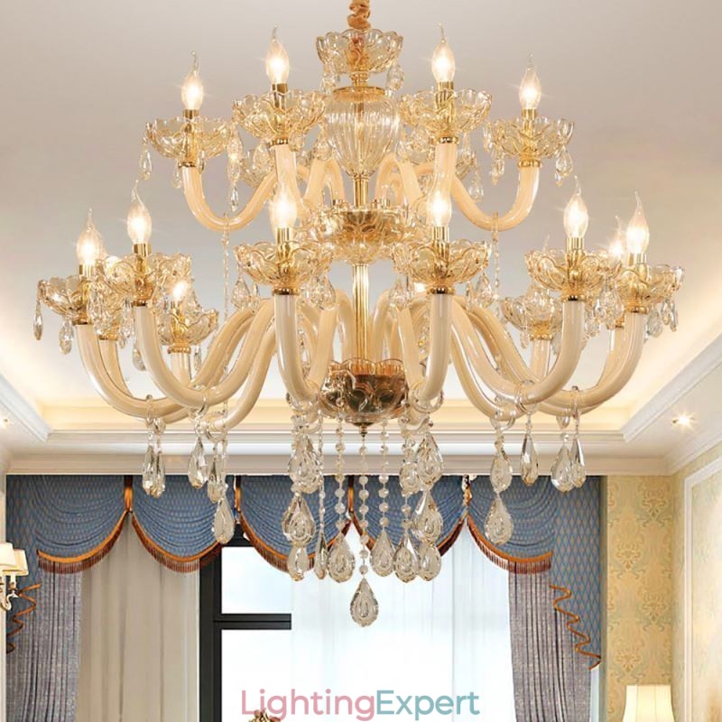 Elegant Crystal Chandelier European Cognac Color Ceiling Light Glass Body Double Layer 12+6 Lights