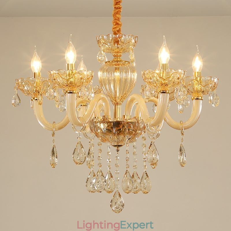 Gorgeous Crystal Chandelier European Cognac Color Ceiling Light Glass Body 8 Lights