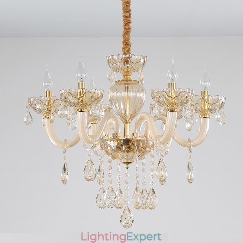 Gorgeous Crystal Chandelier European Cognac Color Ceiling Light Glass Body 8 Lights