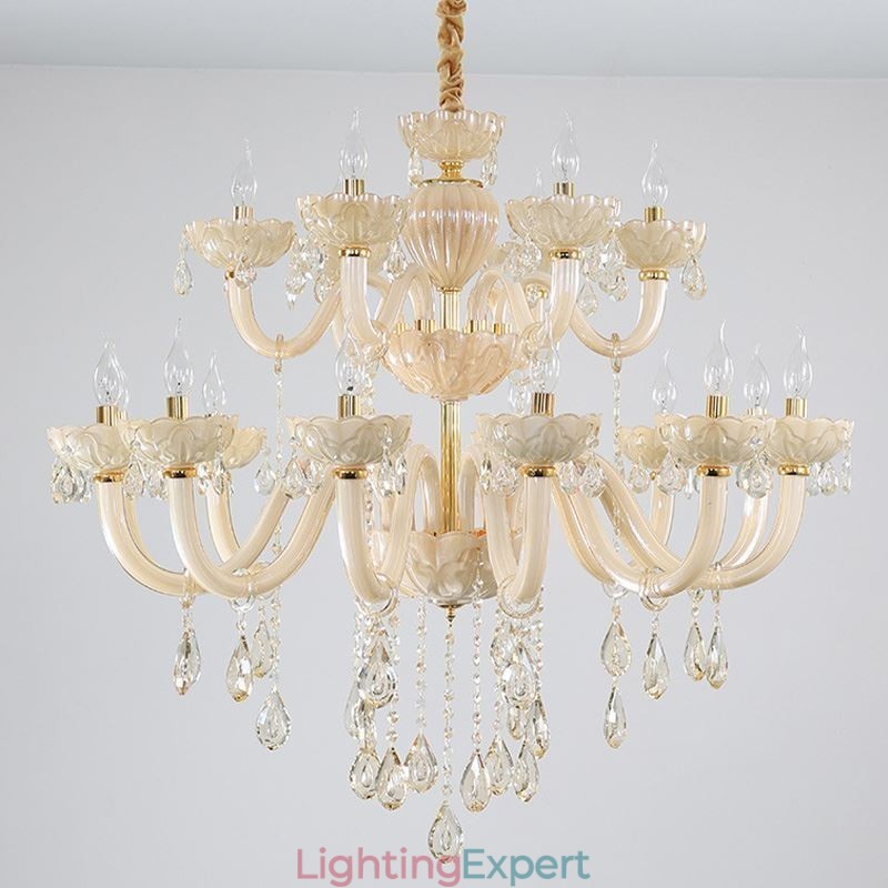 Luxurious Crystal Chandelier European Cognac Color Ceiling Lamp Glass Body Double Layer 12+6 Lights