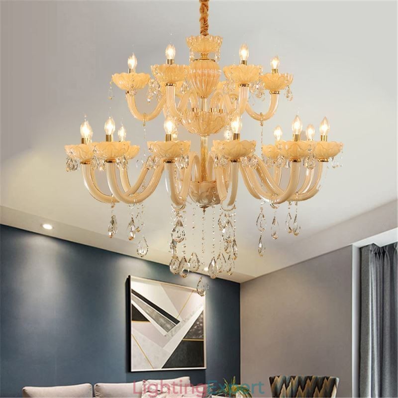 Luxurious Crystal Chandelier European Cognac Color Ceiling Lamp Glass Body Double Layer 12+6 Lights