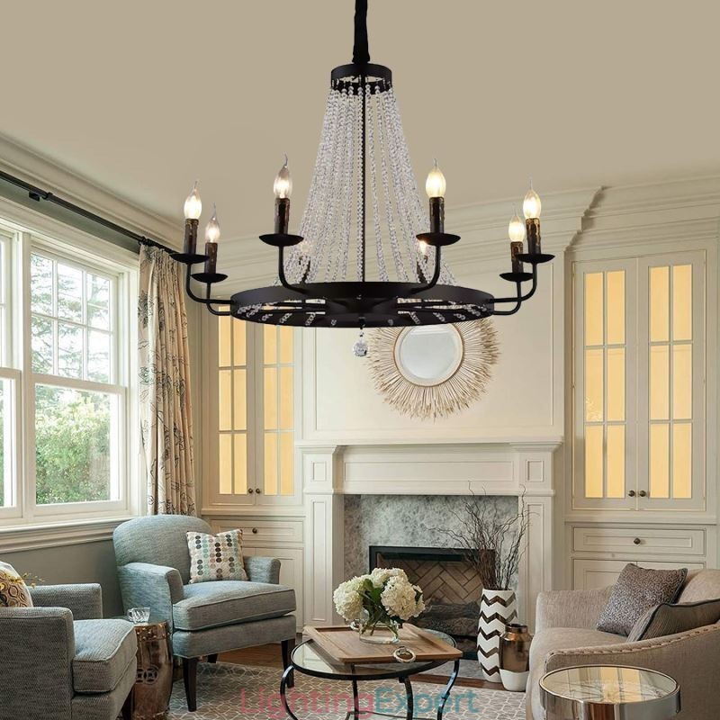 Vintage Crystal Pendant Lighting Black Iron Candle Chandelier