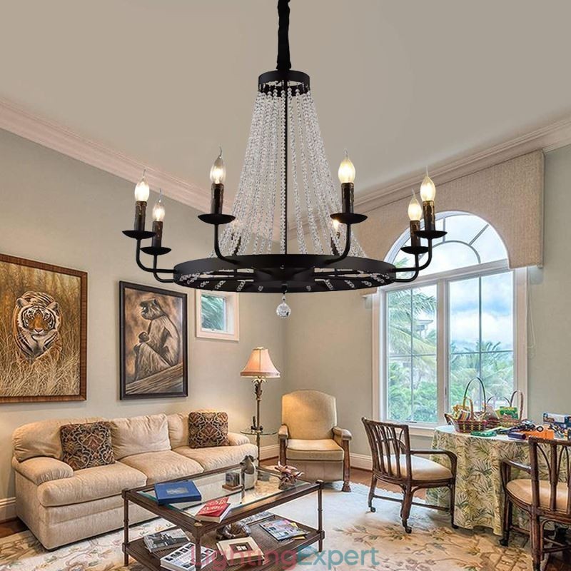 Vintage Crystal Pendant Lighting Black Iron Candle Chandelier