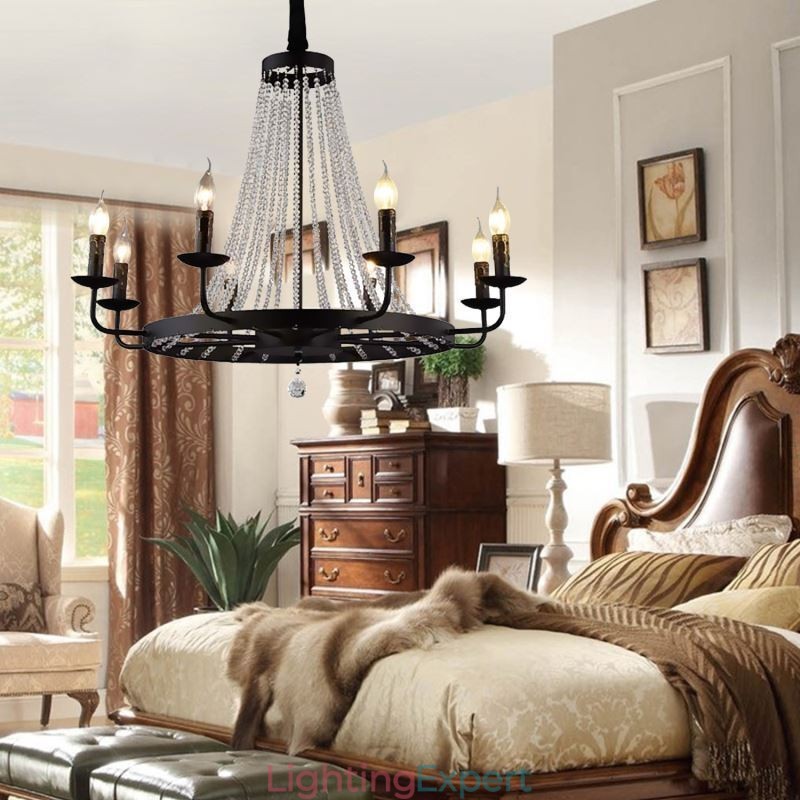 Vintage Crystal Pendant Lighting Black Iron Candle Chandelier