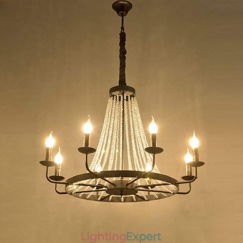 Vintage Crystal Pendant Lighting Black Iron Candle Chandelier