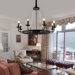 Vintage Crystal Pendant Lighting Black Iron Candle Chandelier
