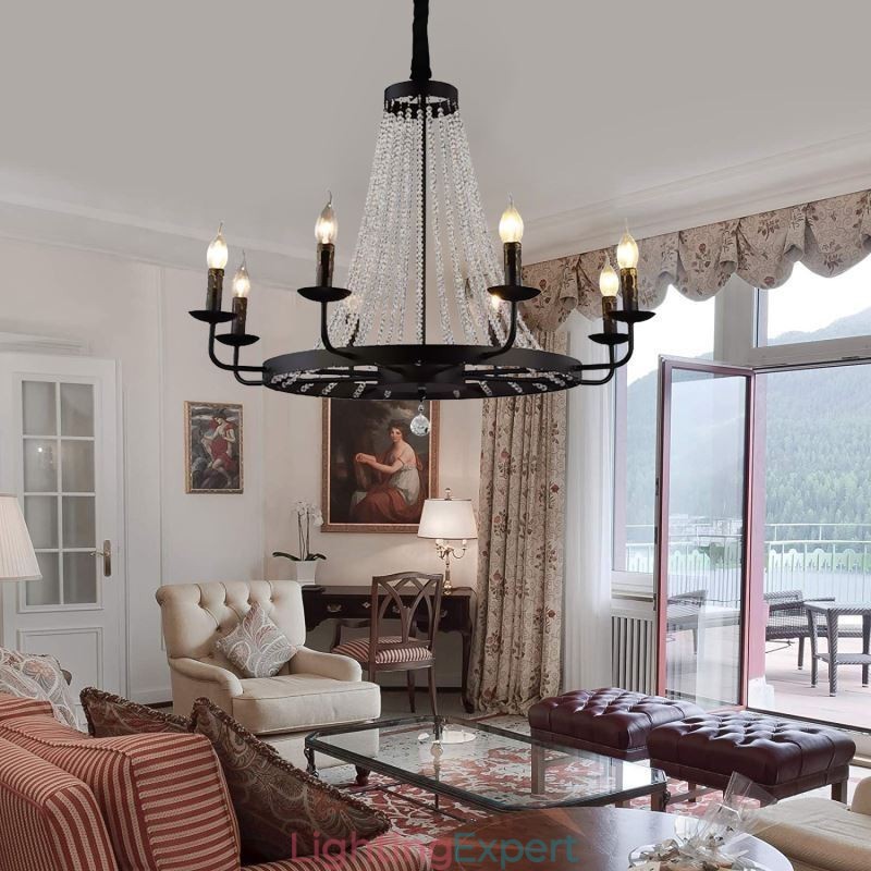 Vintage Crystal Pendant Lighting Black Iron Candle Chandelier