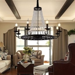 Vintage Crystal Pendant Lighting Black Iron Candle Chandelier