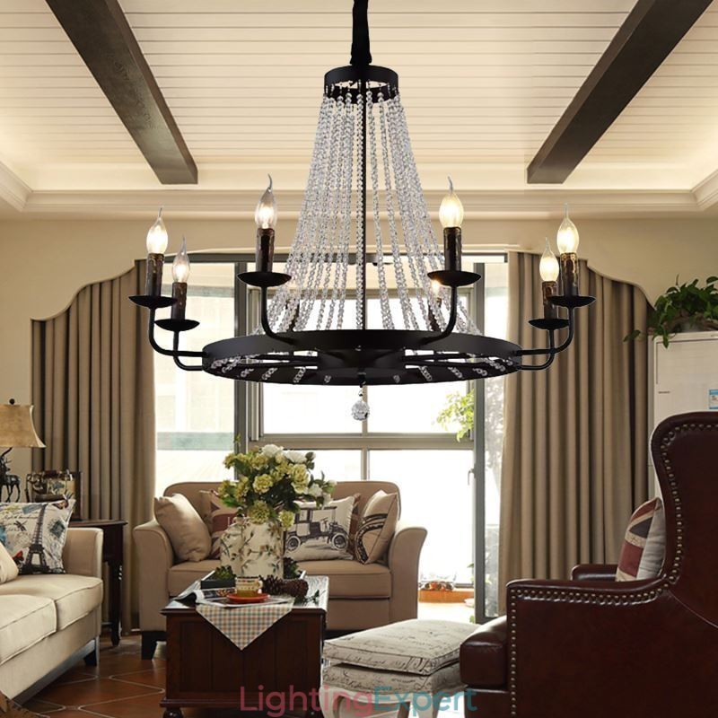 Vintage Crystal Pendant Lighting Black Iron Candle Chandelier