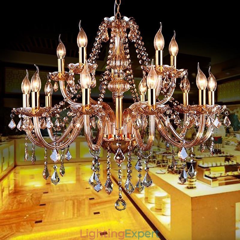 European Crystal Chandelier Elegant Large Pendant Light Amber