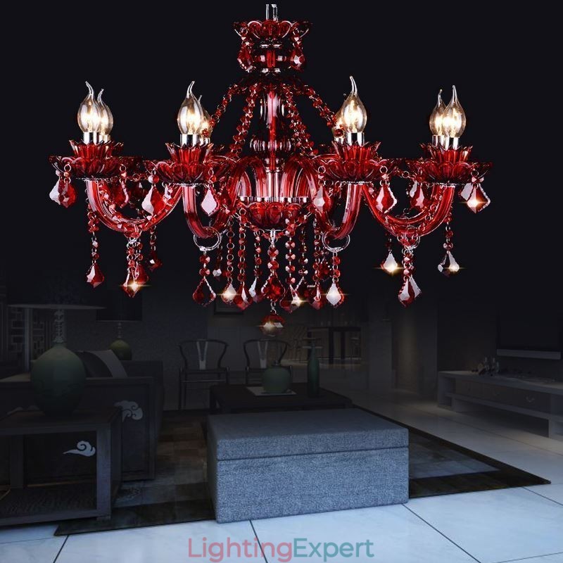 European Crystal Chandelier Red Colour Pendant Light