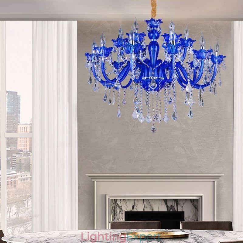 European Style Crystal Chandelier Blue Crystal Glass Pendant Light