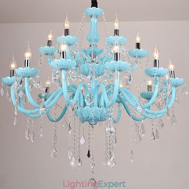 European Large Crystal Chandelier Blue Colour Pendant Light