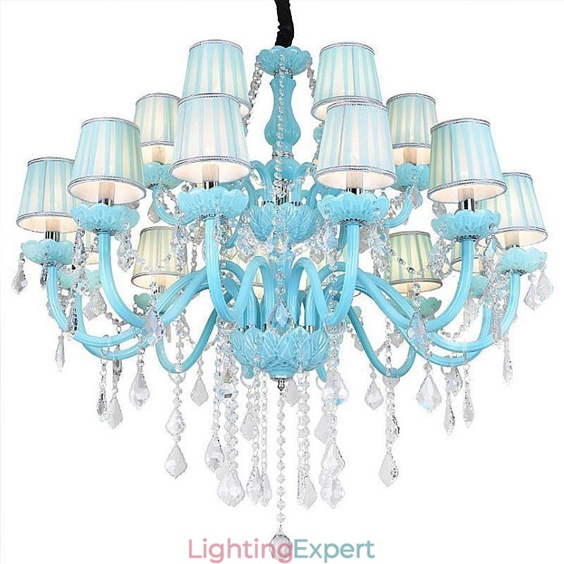 European Large Crystal Chandelier Blue Colour Pendant Light