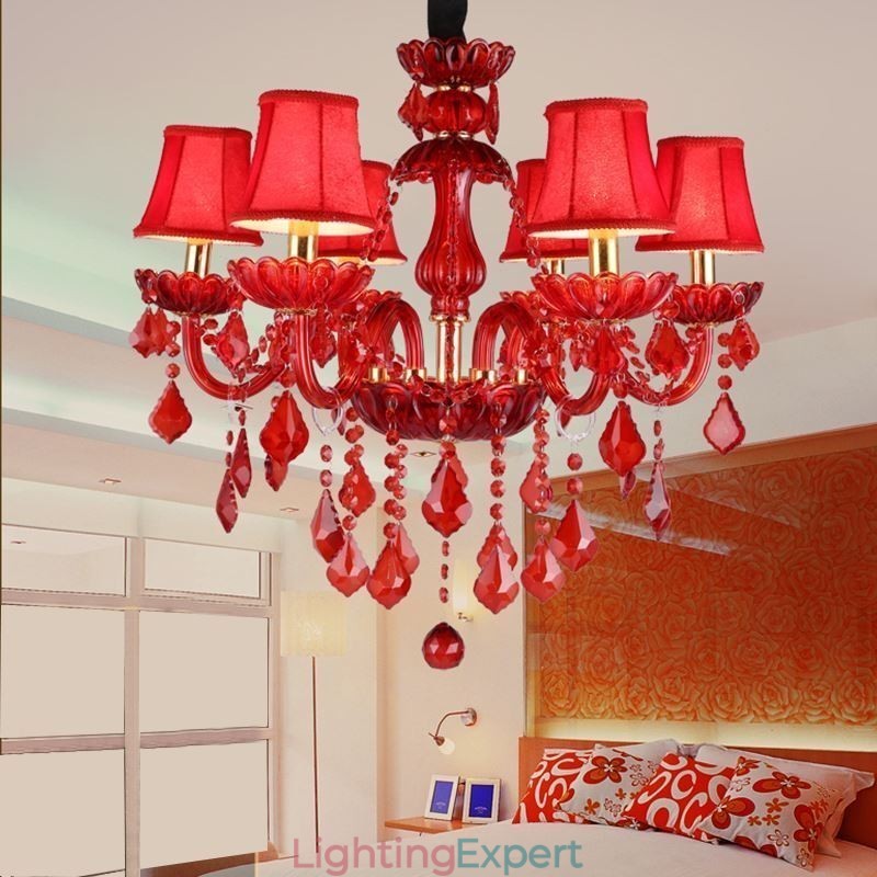 European Elegant Crystal Chandelier Red Colour Pendant Light