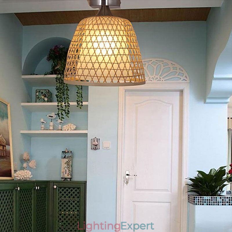 Bamboo Semi Flush Mount Creative Round Ceiling Light Vestibule Lighting