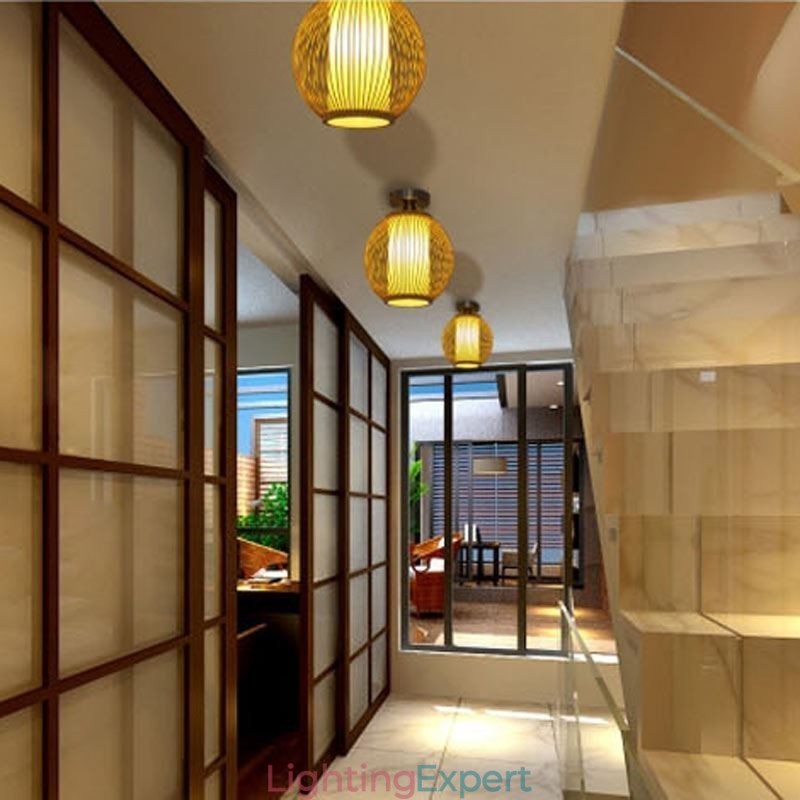 Unique Semi Flush Mount Creative Round Bamboo Ceiling Light Porch Lighting