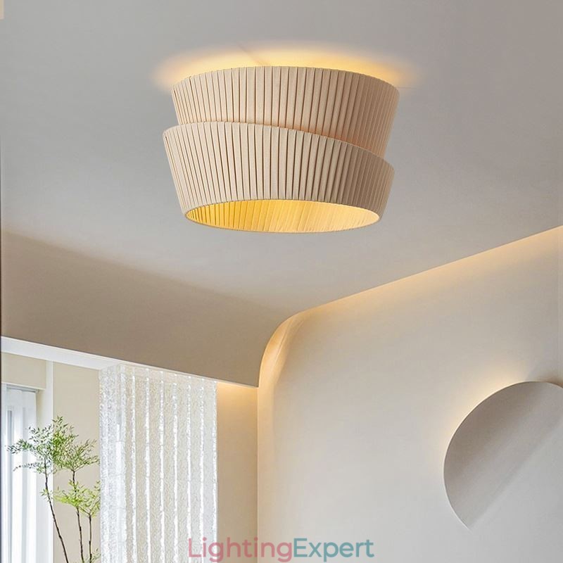 Wabi Sabi Flush Mount French Cream Style Double Layer Fabric Lampshade Ceiling Lamp