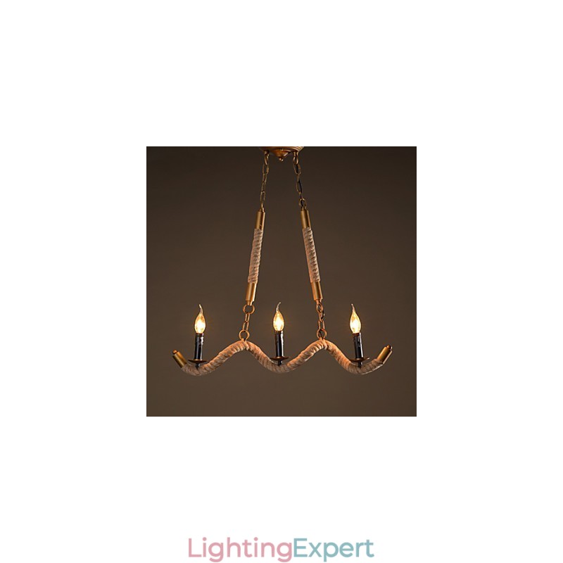 Candle Hemp Chandelier Vintage Pendant Wrought Iron Wave Hemp Rope Chandelier