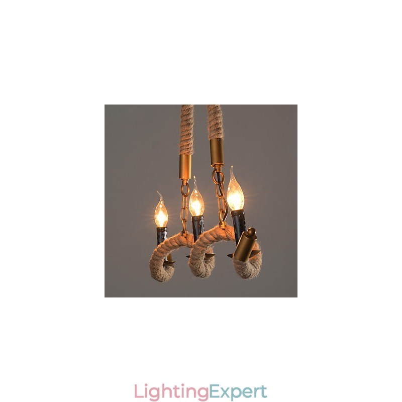 Candle Hemp Chandelier Vintage Pendant Wrought Iron Wave Hemp Rope Chandelier