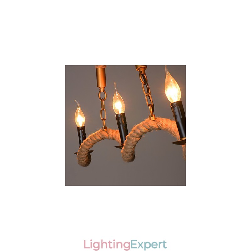 Candle Hemp Chandelier Vintage Pendant Wrought Iron Wave Hemp Rope Chandelier