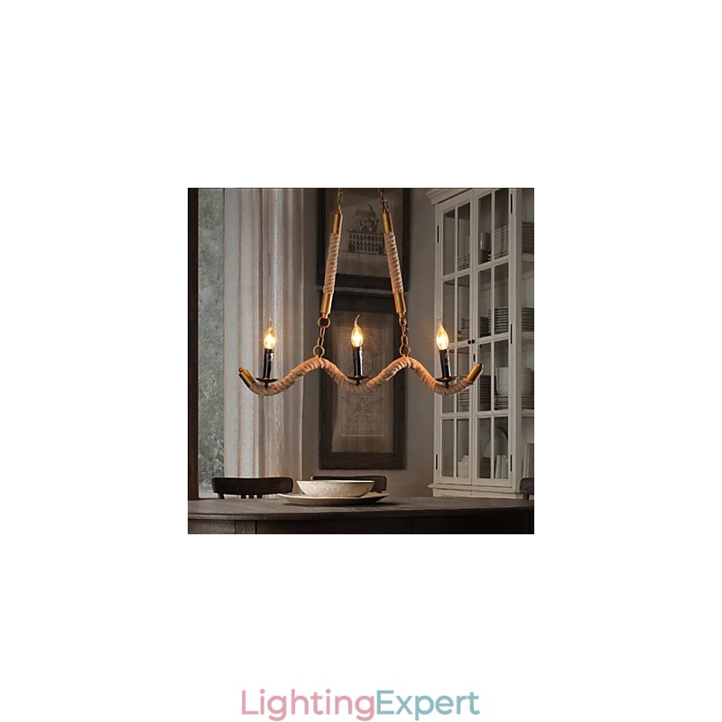 Candle Hemp Chandelier Vintage Pendant Wrought Iron Wave Hemp Rope Chandelier