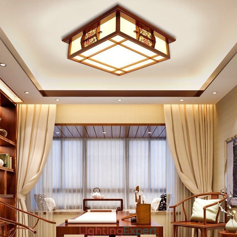Retro Wooden Flush Mount Square Ceiling Light