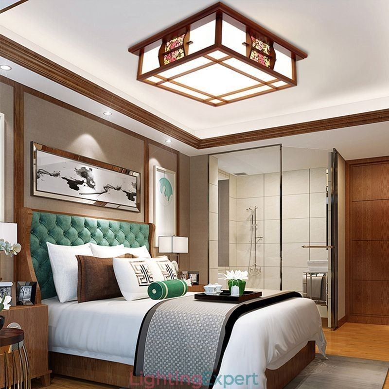 Retro Wooden Flush Mount Square Ceiling Light