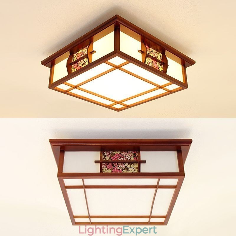 Retro Wooden Flush Mount Square Ceiling Light