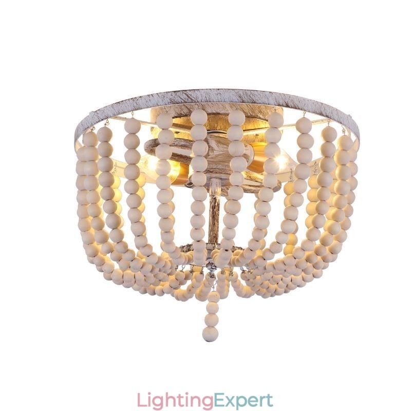 Farmhouse Wood Beaded Flush Mount Celling Light 3 Light Fixture