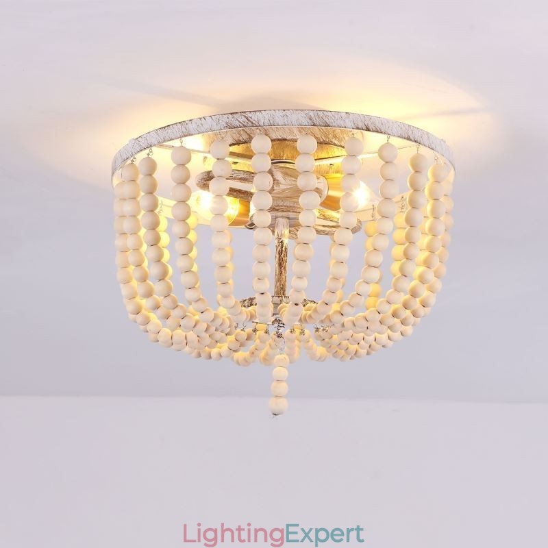 Farmhouse Wood Beaded Flush Mount Celling Light 3 Light Fixture