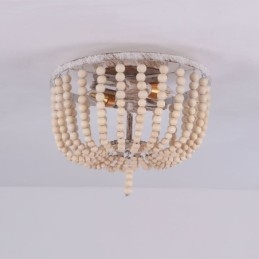 Farmhouse Wood Beaded Flush Mount Celling Light 3 Light Fixture