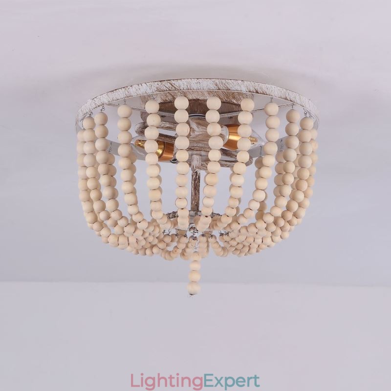 Farmhouse Wood Beaded Flush Mount Celling Light 3 Light Fixture