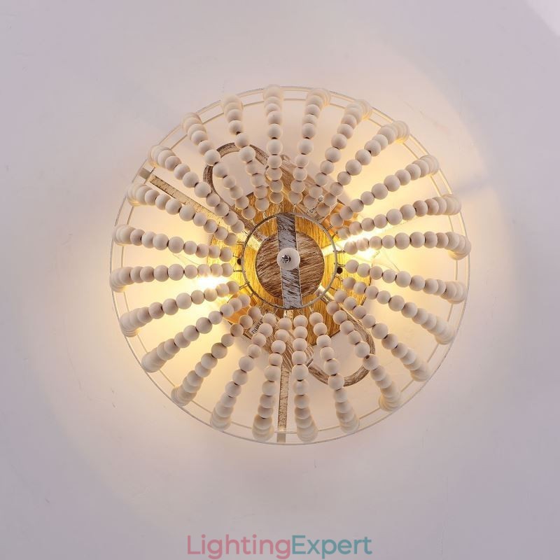 Farmhouse Wood Beaded Flush Mount Celling Light 3 Light Fixture