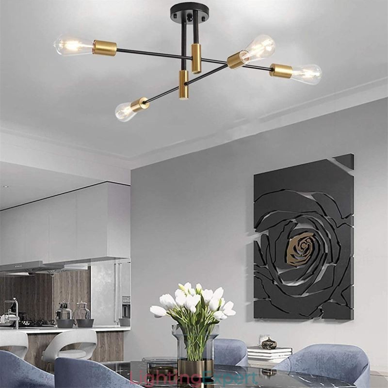 4 Lights Black Sputnik Chandelier Mid Century Semi Flush Mount Ceiling Light