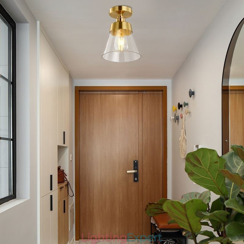 Contemporary Glass Flush Ceiling Light 1 Light Brass Finish