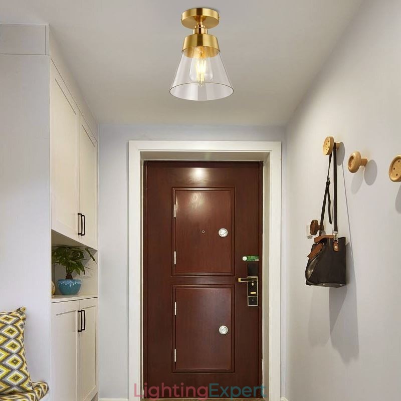 Contemporary Glass Flush Ceiling Light 1 Light Brass Finish