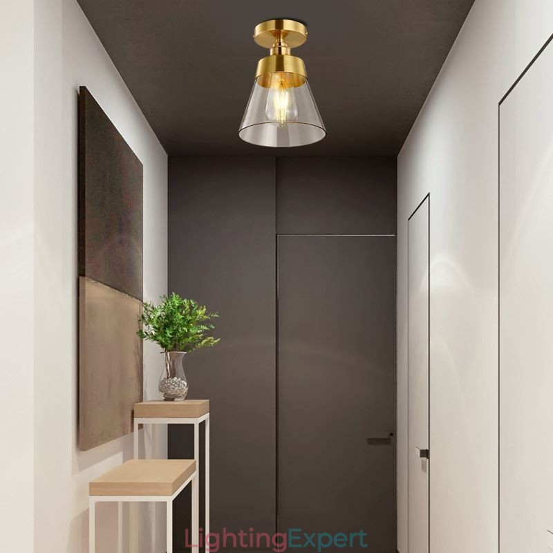 Contemporary Glass Flush Ceiling Light 1 Light Brass Finish