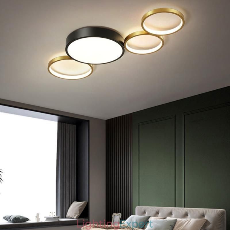 4 Rings Flush Mount Ceiling Light Unique Black+Gold Lampshade Lighting