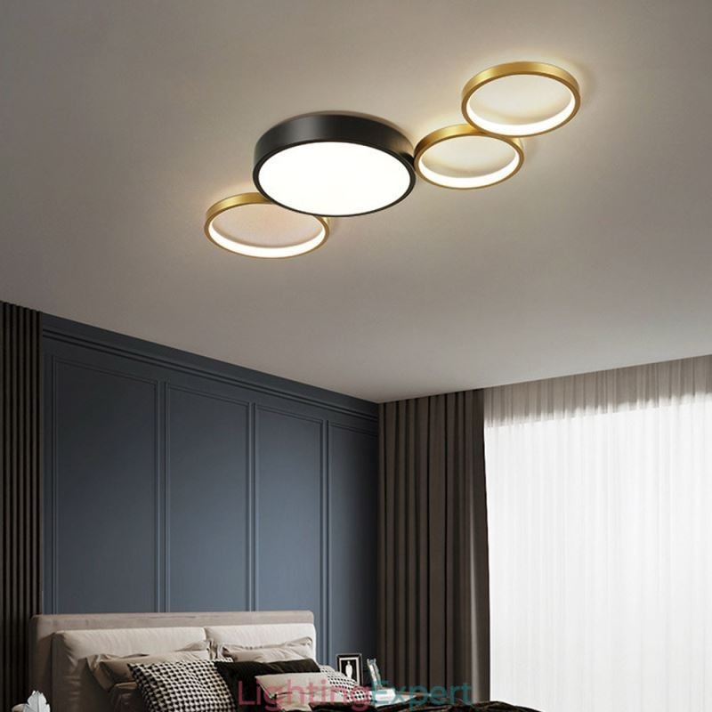 4 Rings Flush Mount Ceiling Light Unique Black+Gold Lampshade Lighting