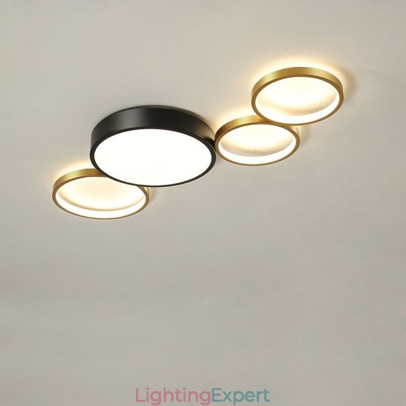 4 Rings Flush Mount Ceiling Light Unique Black+Gold Lampshade Lighting