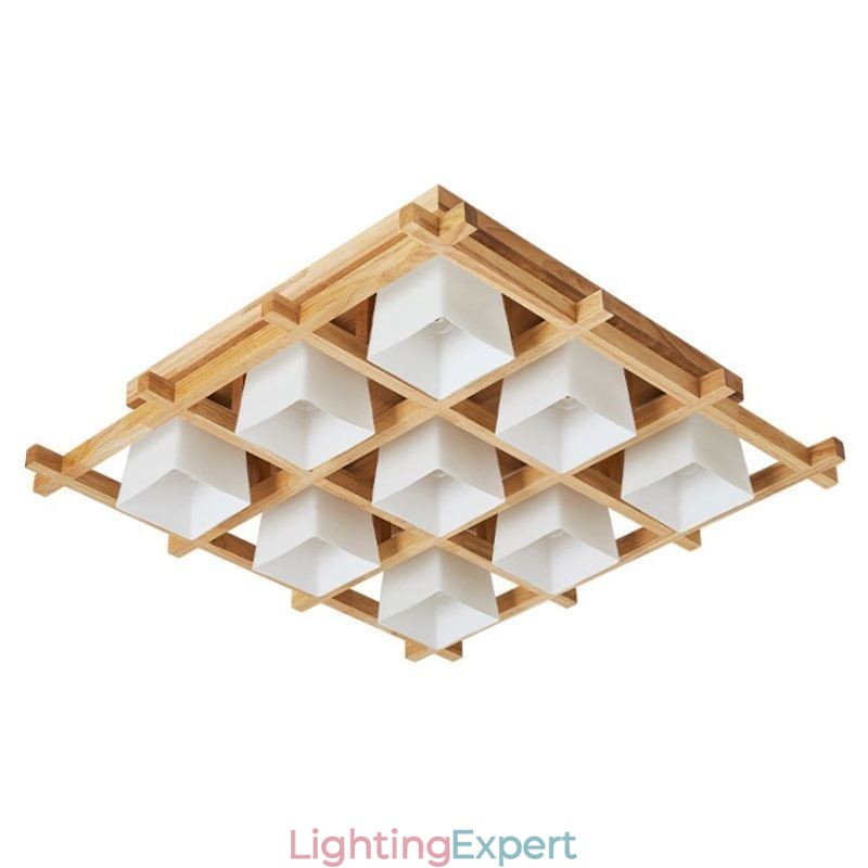 Nordic Square Grid Flush Mount Ceiling Light Rubber Wood Light