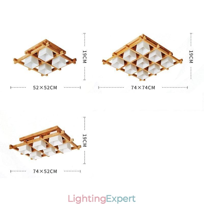 Nordic Square Grid Flush Mount Ceiling Light Rubber Wood Light