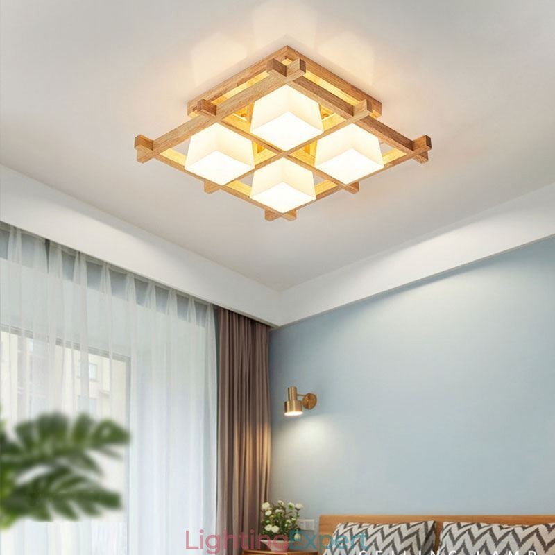 Nordic Square Grid Flush Mount Ceiling Light Rubber Wood Light